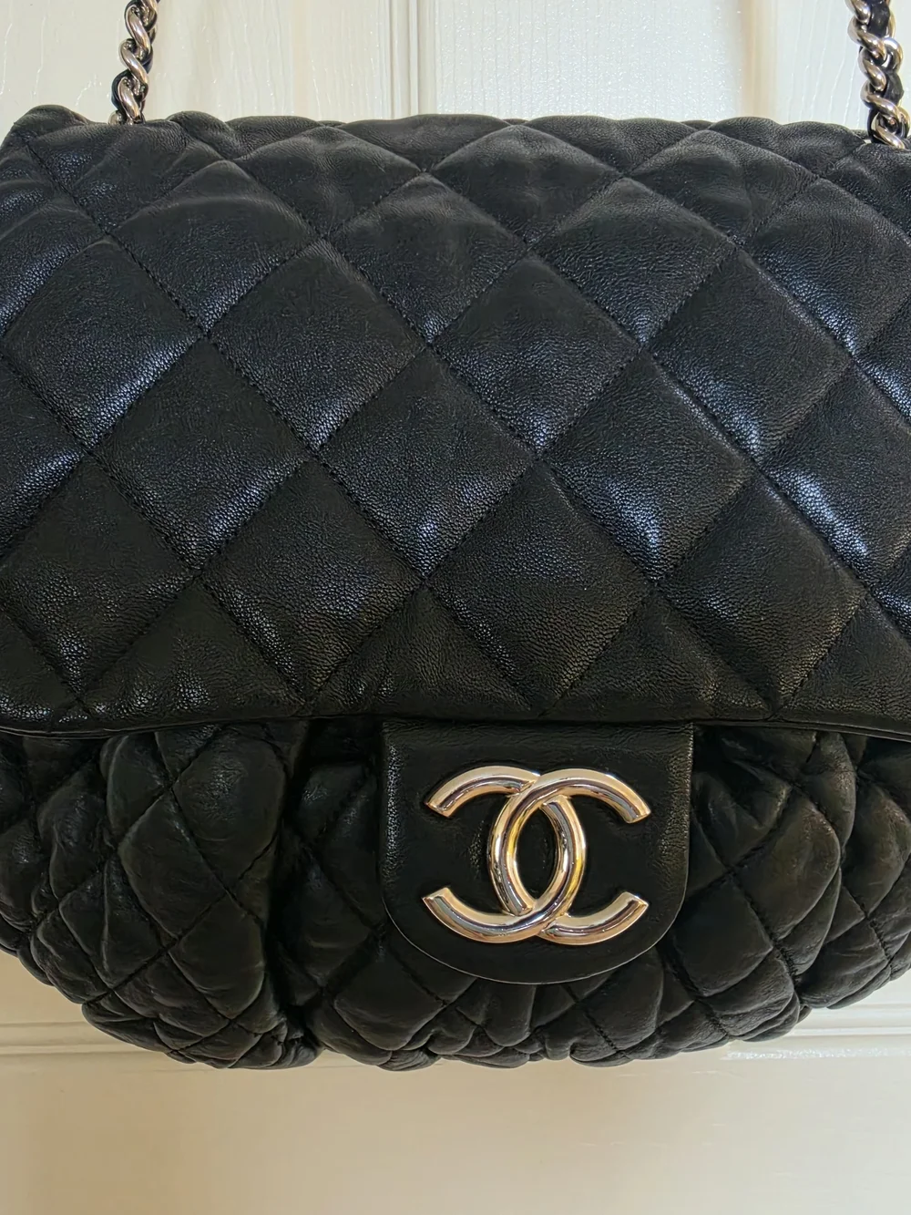 Chanel Black Puffy Quilted Lambskin Leather Chain Flap Bag